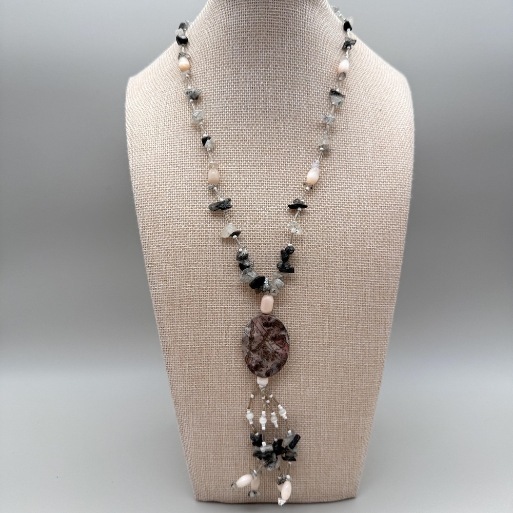 Picasso Jasper Pendant Necklace Tourmalinated Quartz Long Boho Artisan Statement